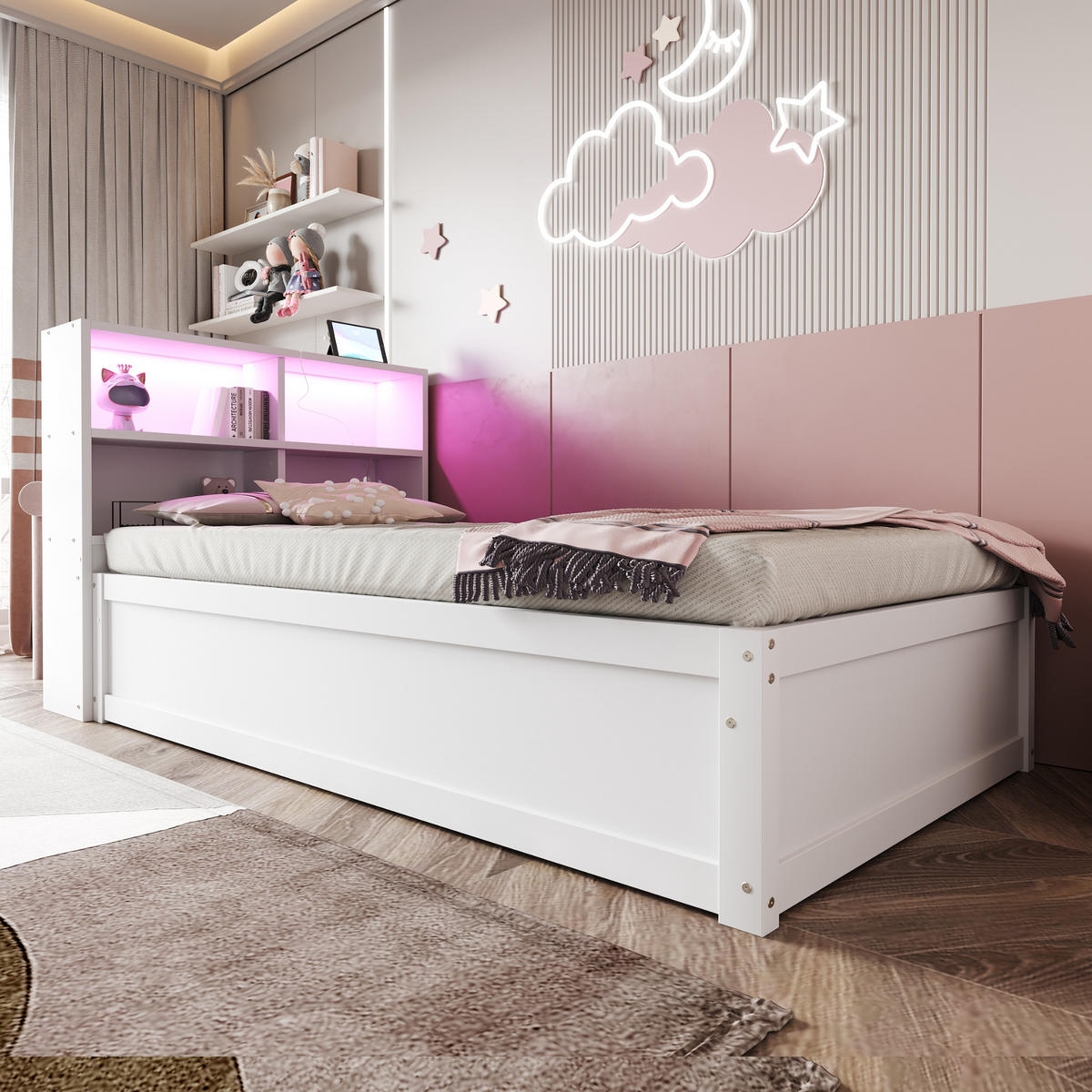 STAURAUMBETT 90/200 cm DE-01385, in Weiß, mit LED, Steckdose und Hydraulik - Weiß, Holz (90/200cm) - ComfortXL