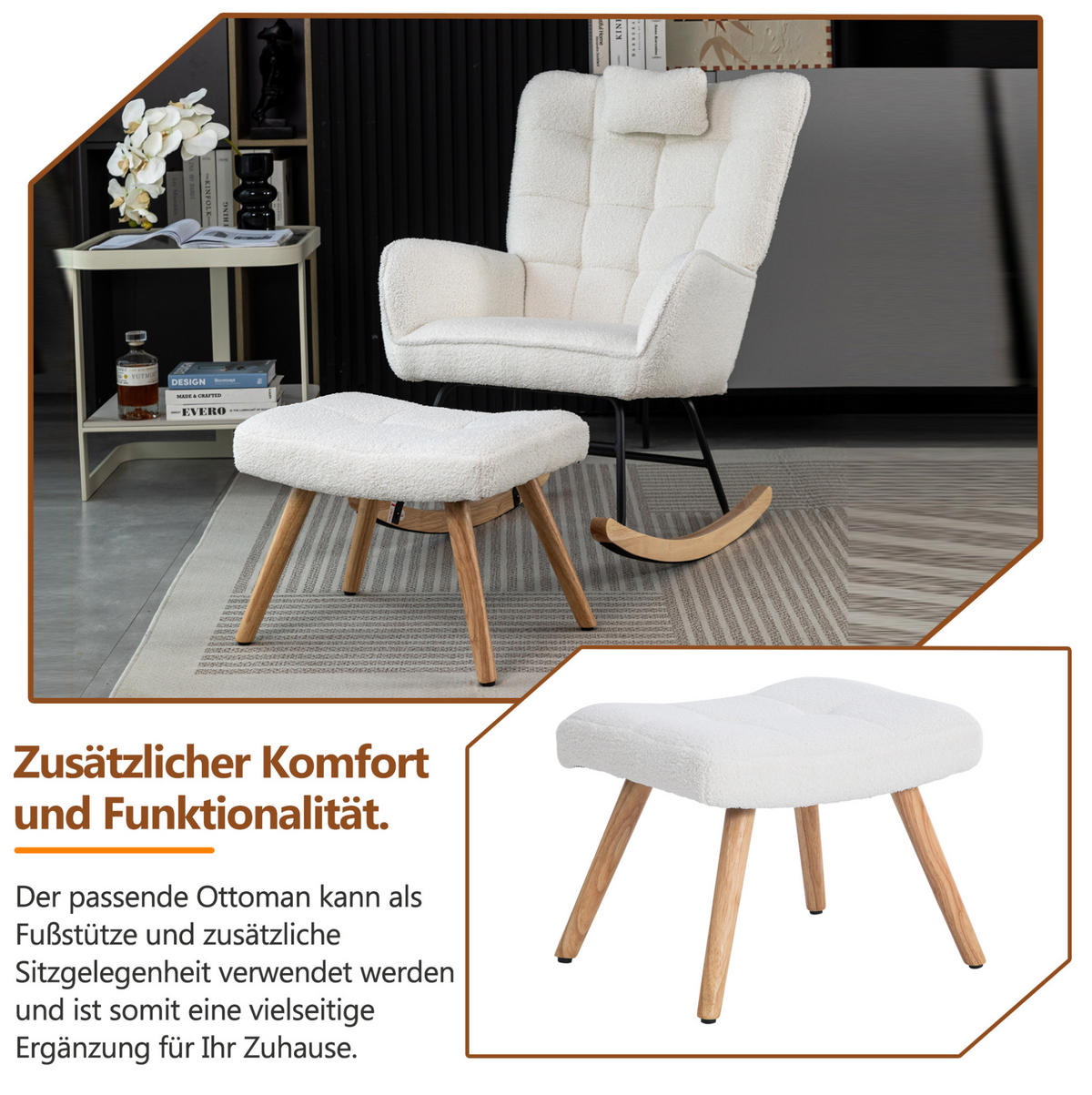 SCHAUKELSTUHL 65/47/92 cm weiß aus Lammfell-Optik mit Hocker - Weiß, Textil (65/92/93cm) - OKWISH