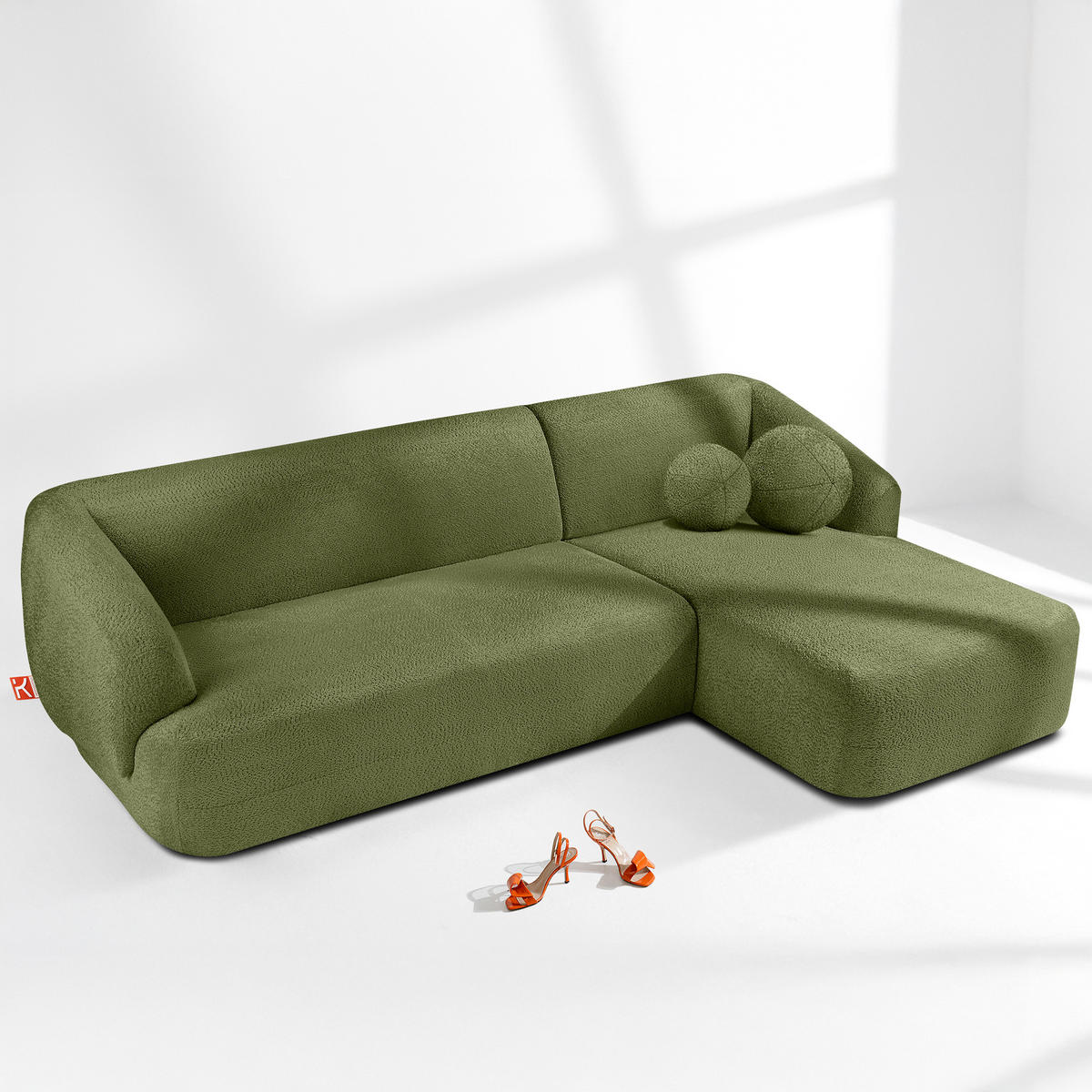 ECKSOFA RECHTS VIRA, Oliv, Chenille - Schwarz/Olivgrün, Holz/Holzwerkstoff (300/160cm) - KONSIMO®