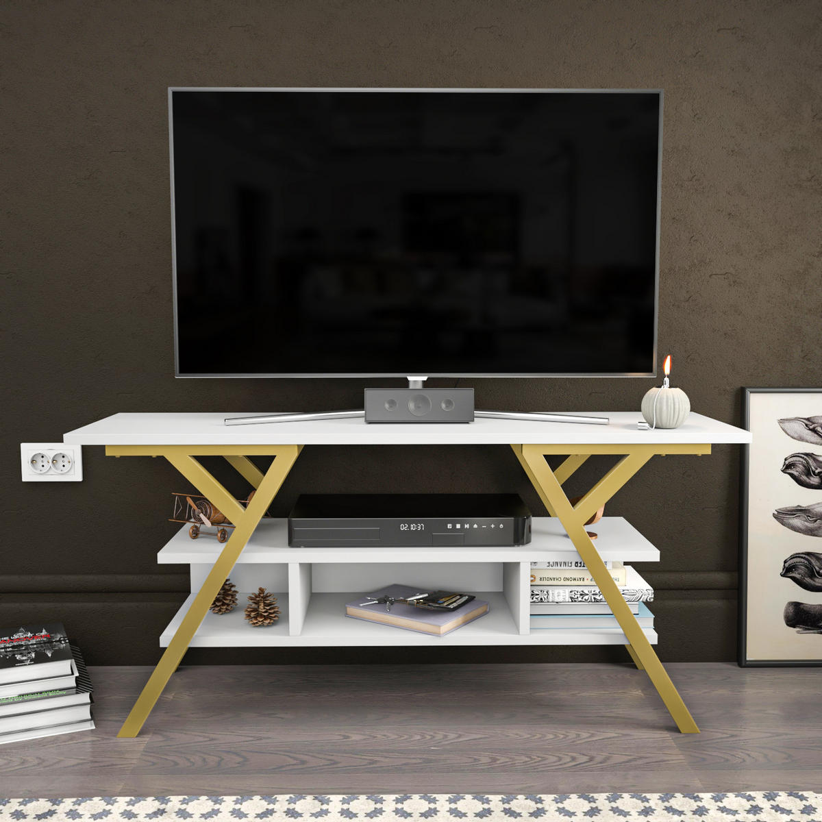 TV Stand Minerva Gold Weiß - Goldfarben/Weiß, Holzwerkstoff (120/55/35cm) - Decorotika