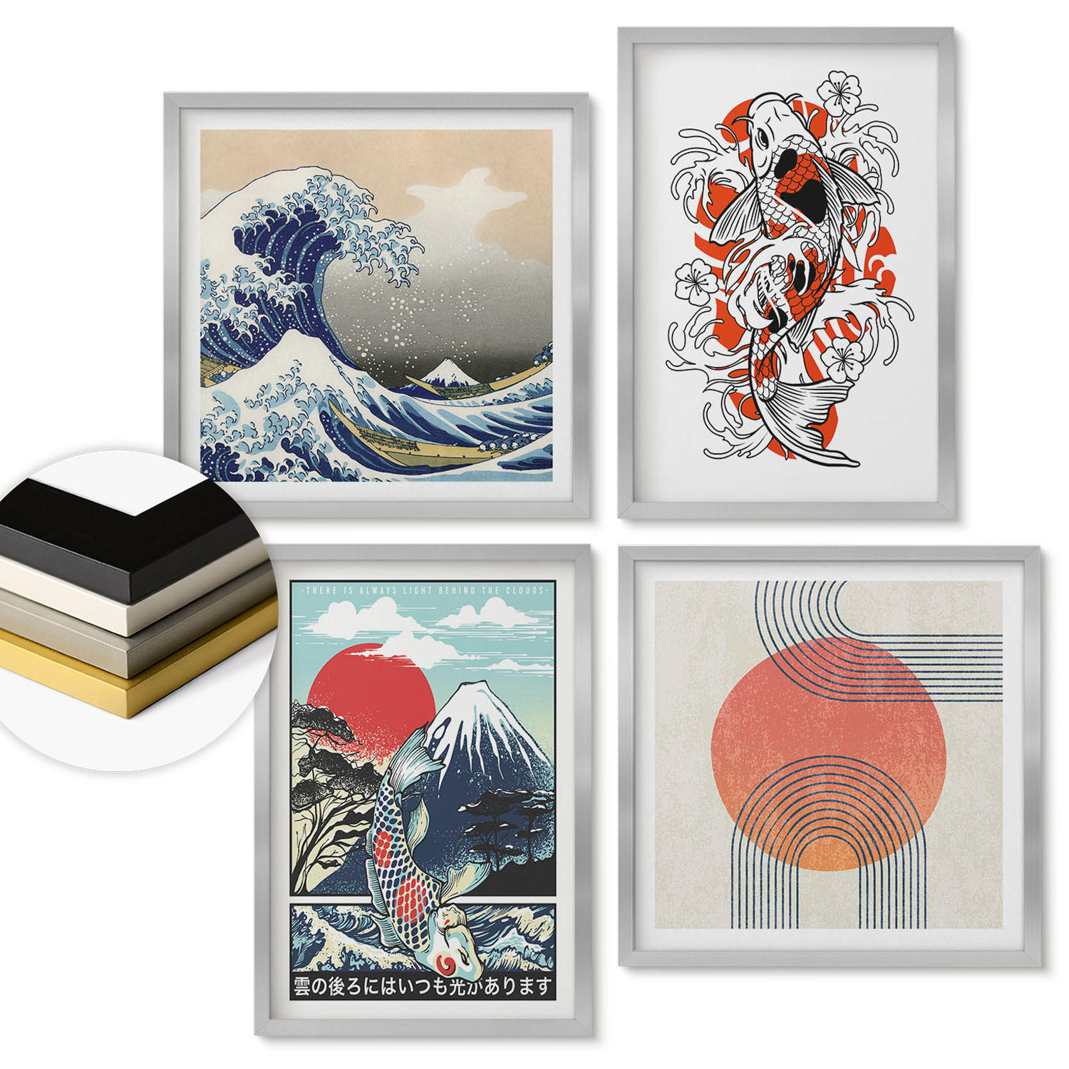 WANDBILDER 4er Set - 50x50 cm & 40x60 cm Silberner Rahmen - Illustrationen von Fischbergen, die sich in Japan ausbreiten - Silberfarben, Kunststoff (50/50cm) - ArtPrintCave