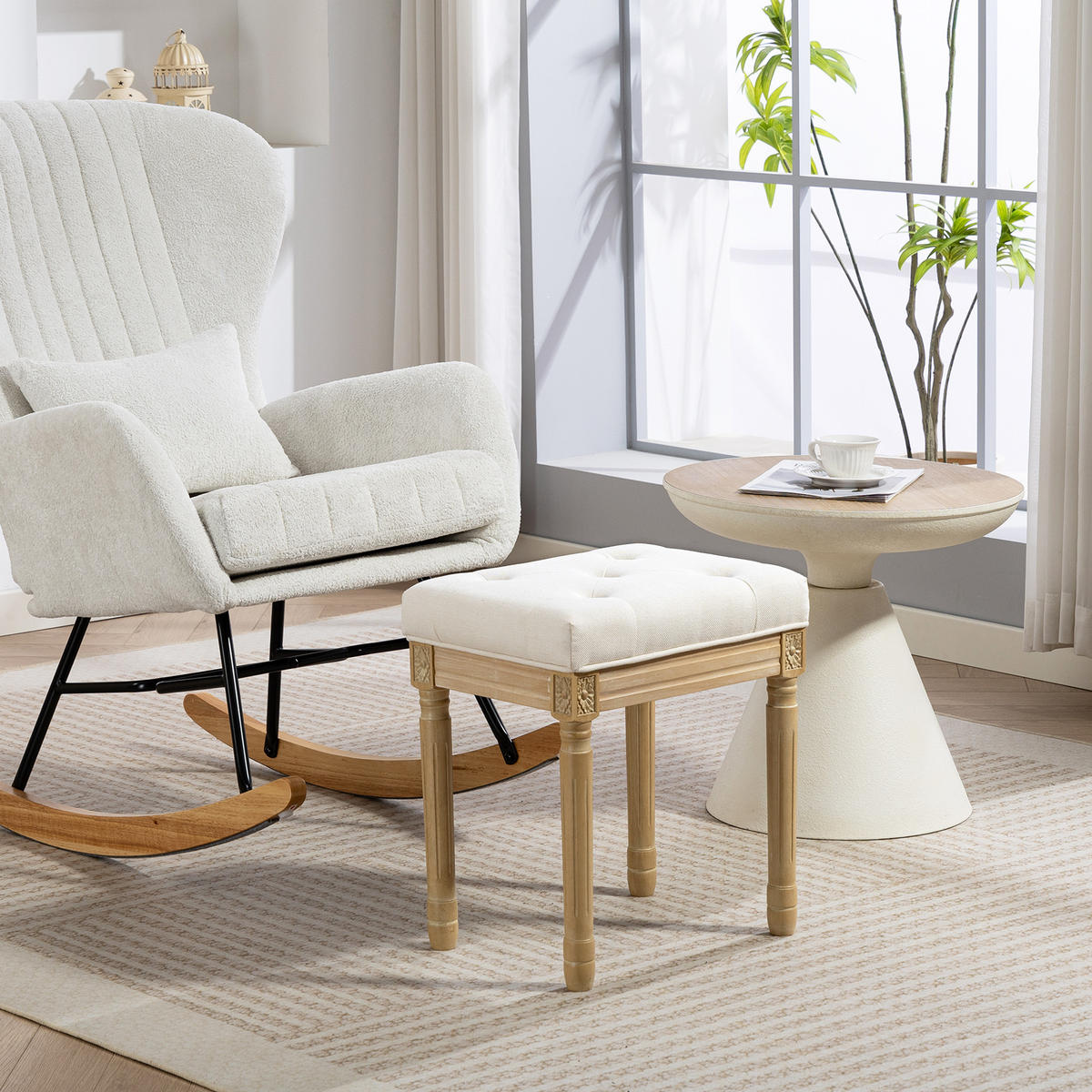 SITZHOCKER Polyester Gummiholz Beige - Beige/Naturfarben, Textil (32/46.5/42cm) - HOMCOM