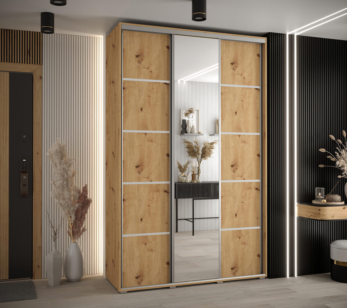 SCHWEBETÜRENSCHRANK 235,2/150/60 3-türig - Silberfarben/Eiche Artisan, Holz/Metall (150/235/60cm) - Abiks Möbel