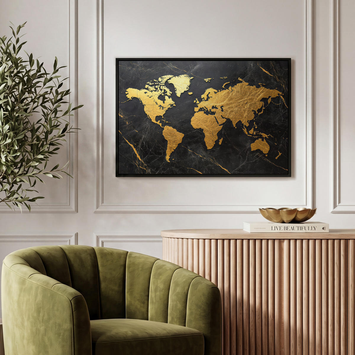 LEINWAND Bilder mit Rahmen - Weltkarte - Gold - Marmor - 60x40 - Goldfarben, Textil (60/40cm) - MuchoWow