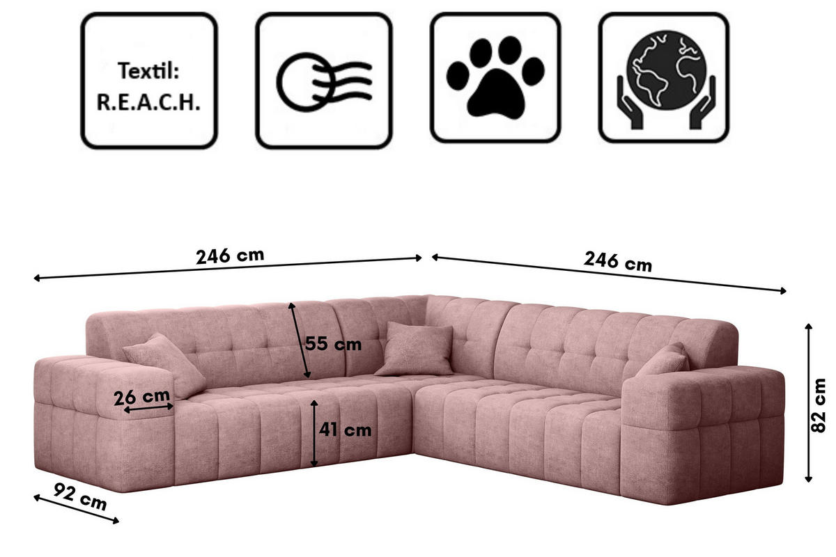 ECKSOFA Corner NIMES Stoff Perfect Harmony Rosa - Rosa, Holz (246/246cm) - Kaiser Möbel