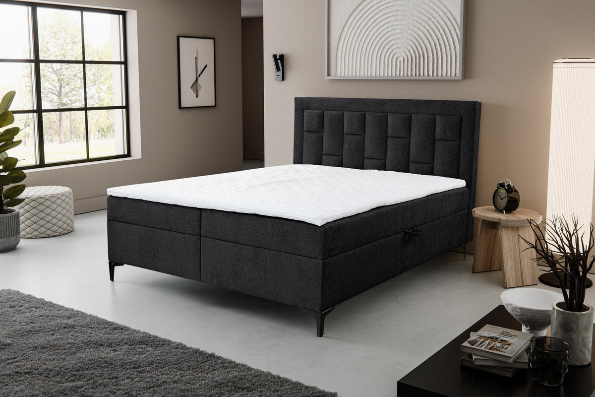 BOXBETT VENEZIA mit 2 Bettkästen, Maße: 140x200 cm, Farbe: Schwarz , Velourstoff, mit Bonell-Matratze inkl. Topper - Schwarz, Holz/Kunststoff (140/200cm) - VENASI MÖBEL