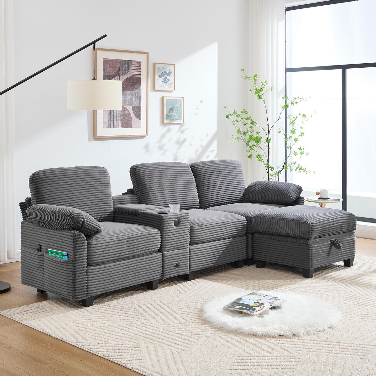 ECKSOFA 266/136/82 cm Dunkelgrau mit Abnehmbare Mittelkonsole, 1 Schublade, Seitentasche und beweglicher Stau-Ottoman - Dunkelgrau, Textil (266/136cm) - Oxeza