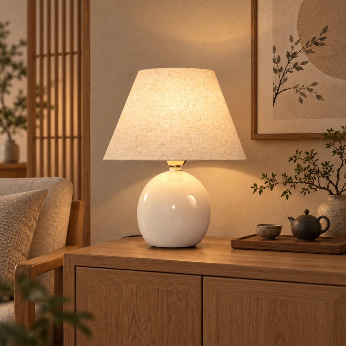 TISCHLAMPE Keramik Leinenoptik Cremeweiß - Creme, Keramik (25/25/27cm) - HOMCOM