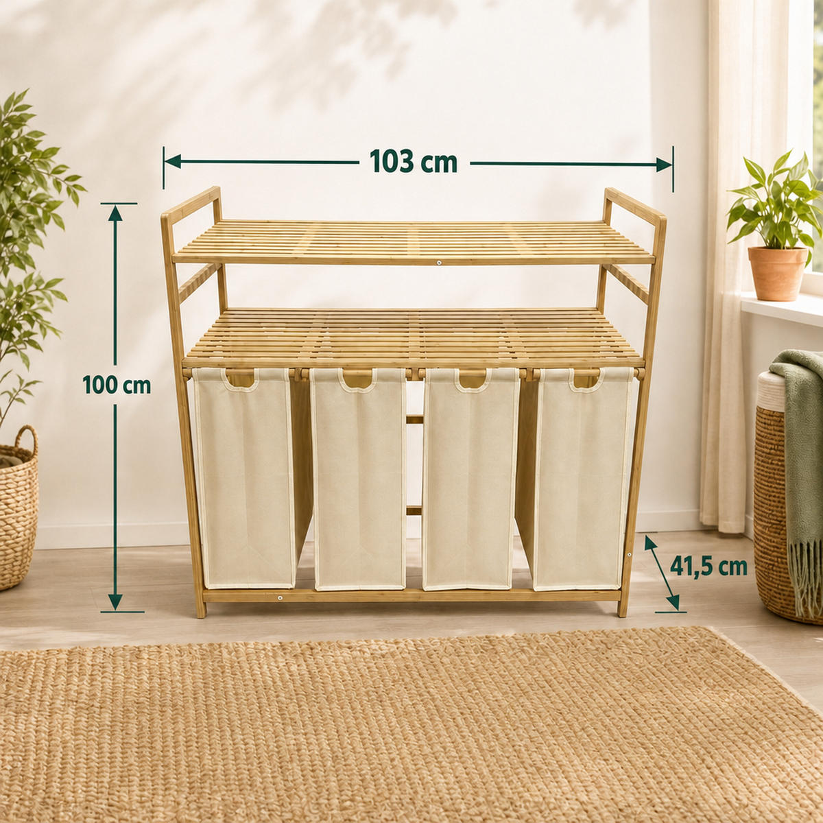 WÄSCHESAMMLER Natur-Beige 4er-Set Bambus - Multicolor, Holz/Textil (103/100/41.5cm) - Relaxdays