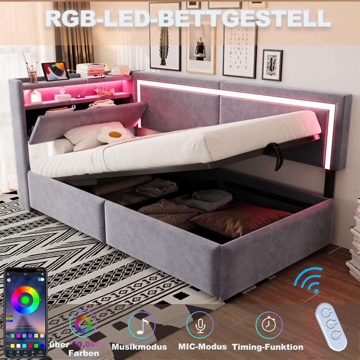 SCHLAFSOFA 90/200 cm in Hellgrau Samt mit Bettkasten, LED und USB - Hellgrau, Holzwerkstoff/Textil (90/200cm) - WISHDOR