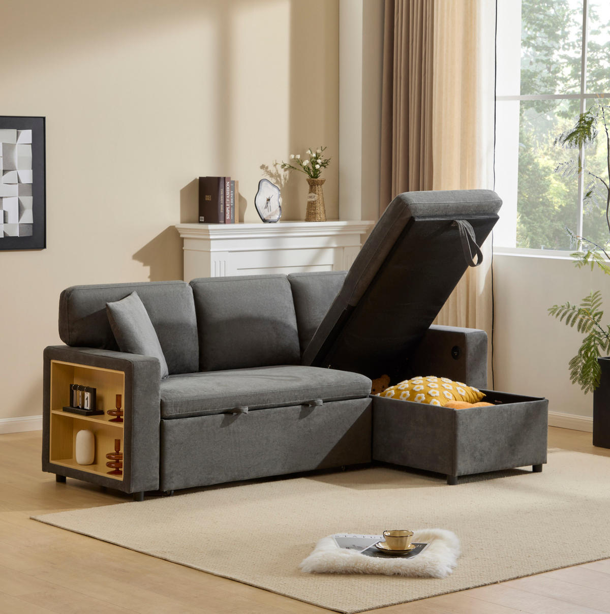 ECKECKSCHLAFSOFA Oxford-Stoff mit USB-Anschluss und Stauraum Dunkelgrau 214/131/87 cm - Dunkelgrau, Textil (87/131cm) - Redom