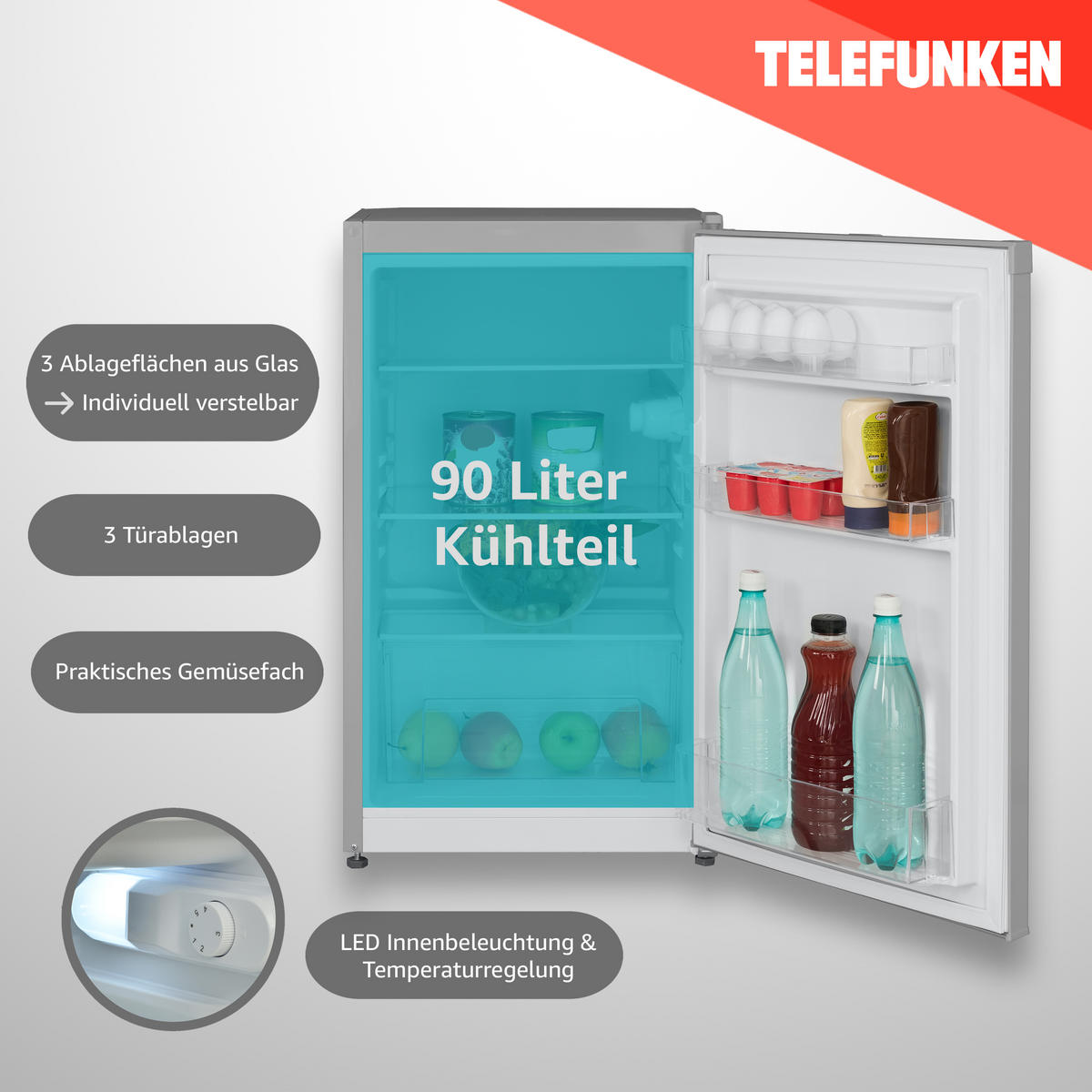 KÜHLSCHRANK, ohne Gefrierfach, freistehend, klein, 90 Liter Nutzinhalt, mit Gemüsefach & 3 Ablagen, Temperaturregelung, CF-31-121-S - Silberfarben, Kunststoff/Metall (48/82.1/50cm) - Telefunken