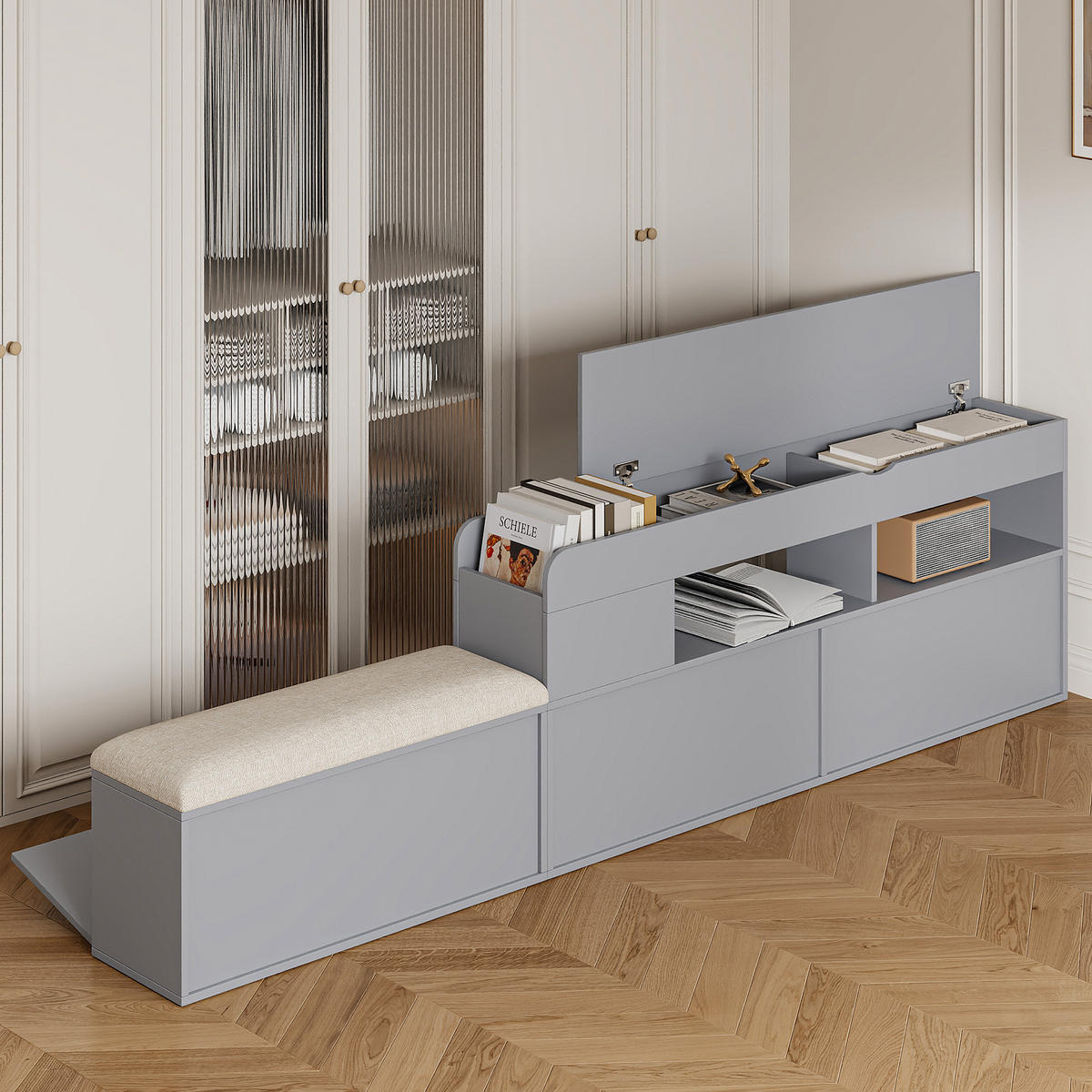 HOLZBETT 140x200 Stauraum Schubladen Nachttisch Grau - Grau, Holzwerkstoff - FLIEKS