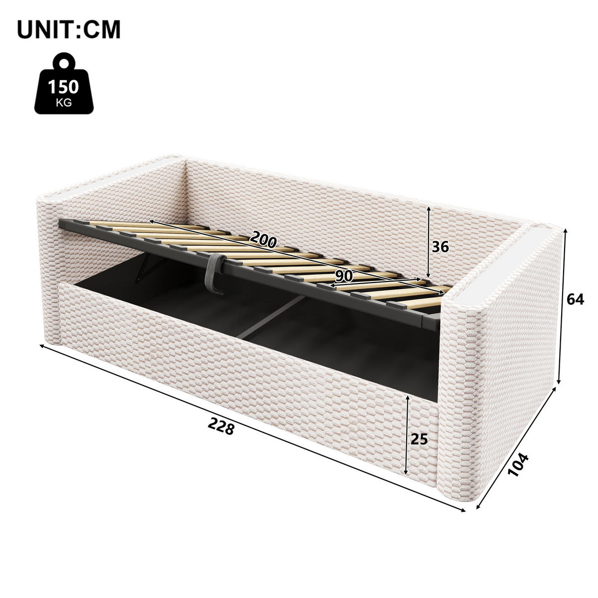 TAGESBETT 90/200 cm Beige aus Samt mit LED-Beleuchtung und hydraulischem Stauraum - Beige, Textil (90/200cm) - OKWISH