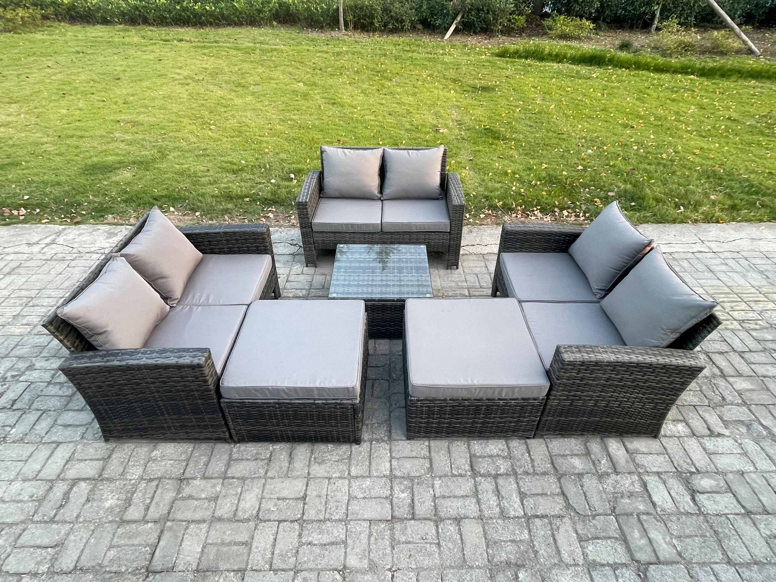 GARTENMÖBEL-SET COUCHTISCH SET MIT 2 HOCKER Polyrattan Dunkelgrau Gemischt 8-Sitzer - Dunkelgrau, Metall - Fimous