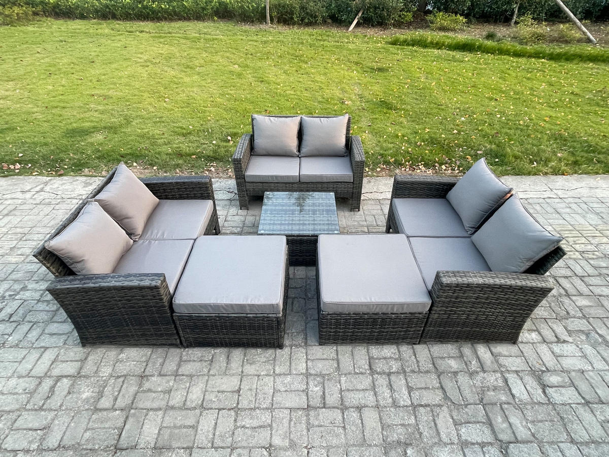 GARTENMÖBEL-SET COUCHTISCH SET MIT 2 HOCKER Polyrattan Dunkelgrau Gemischt 8-Sitzer - Dunkelgrau, Metall - Fimous