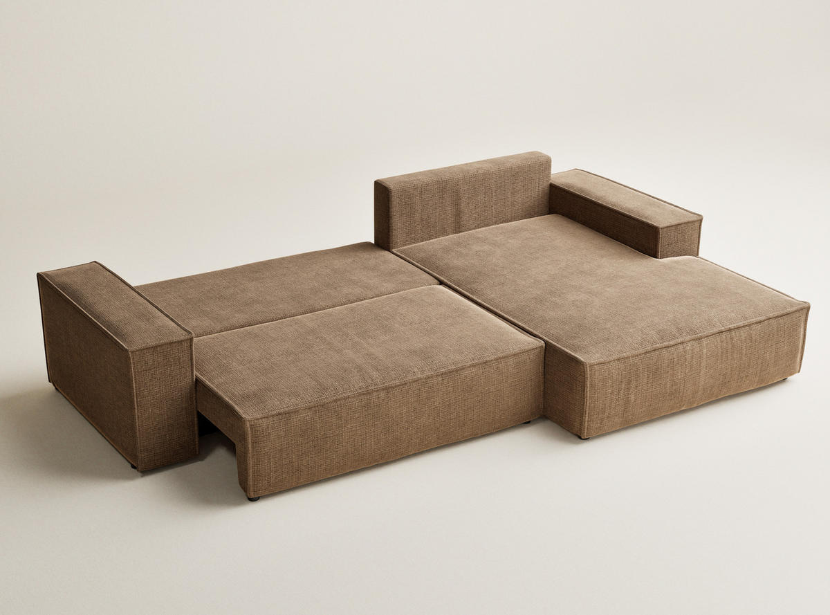 ECKSOFA Maze Hellbraun Chenille-Stoff - Rechts Seite - Hellbraun/Schwarz, Holz/Holzwerkstoff (294/185cm) - Maison de Reve