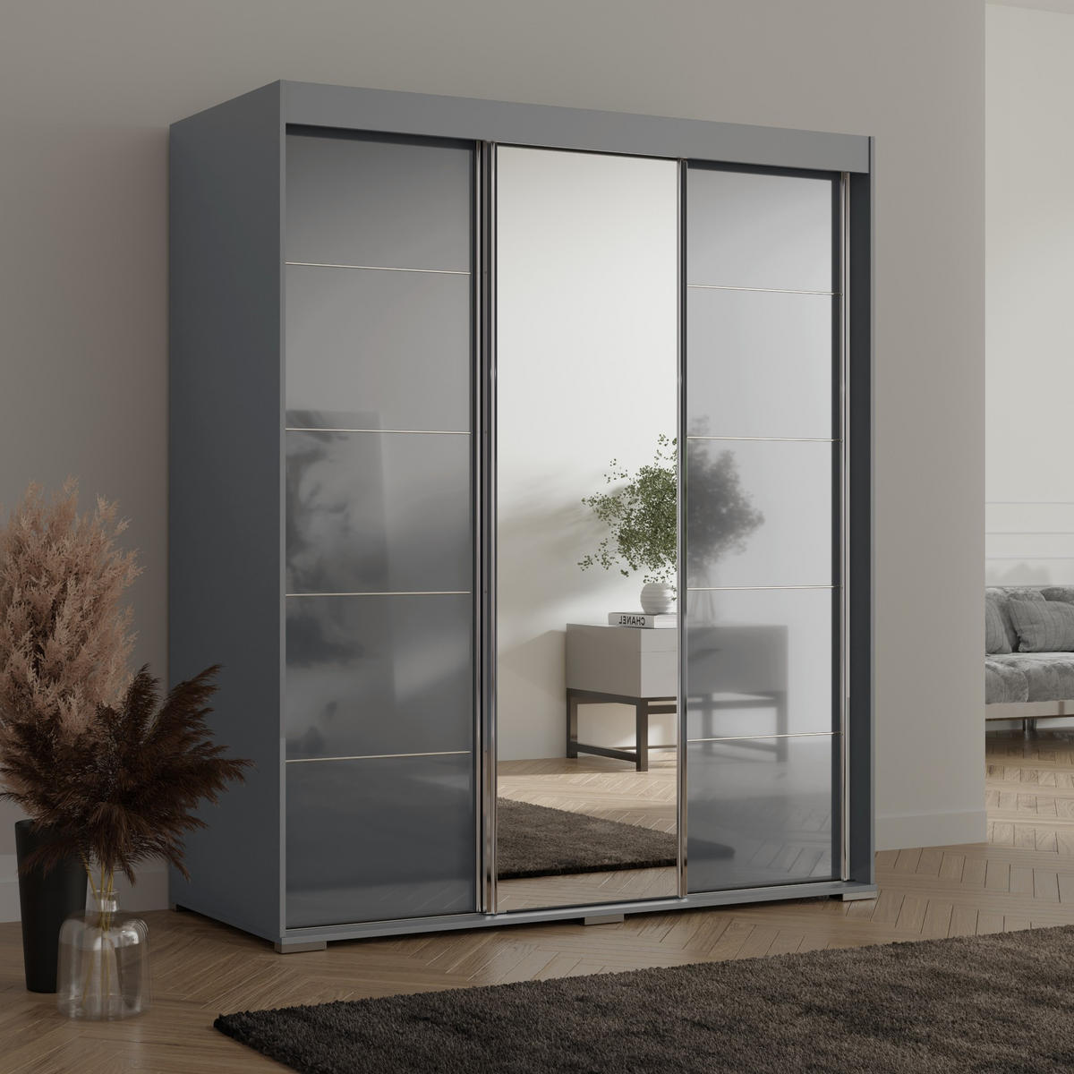 SCHIEBETÜRENSCHRANK mit Schubladen und Spiegel Como 3D1L 180 Grau (lacobel) - Silberfarben/Grau, Holzwerkstoff/Metall (180/208/67cm) - mzm24