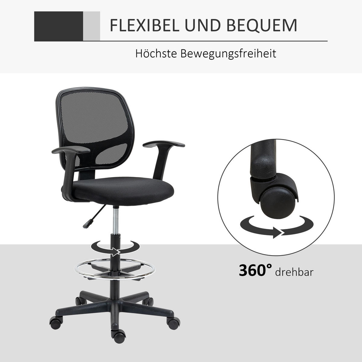 ZEICHENSTUHL mit Fußstütze 5 Rollen höhenverstellbar Stahl Mesh-Stoff Schwarz - Schwarz, Textil (56/132/60cm)