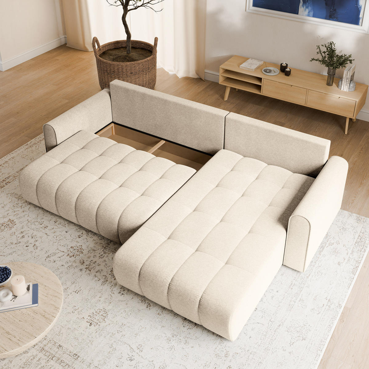 ECKSOFA FRIGA Creme Strukturstoff mit Schlaffunktion - Creme, Holz (283/185cm) - MASSENO