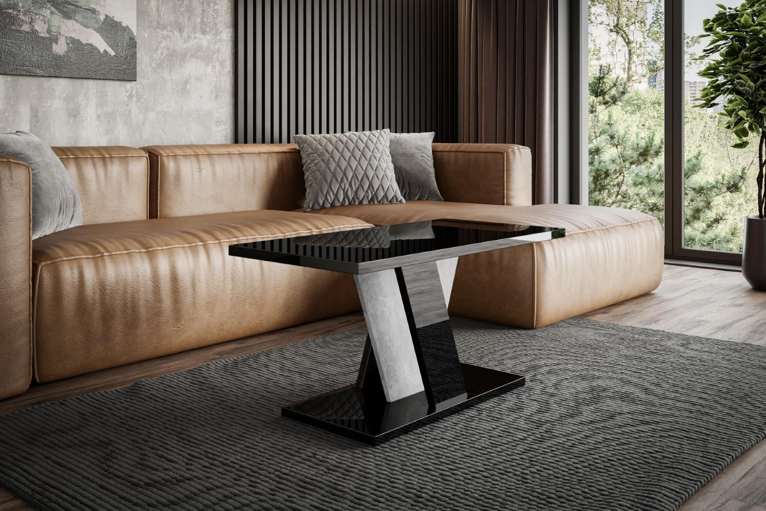 KAFFEETISCH 110x70x60 cm - Hochglanz Schwarz / Betonoptik - INEY - Schwarz Hochglanz, Holzwerkstoff (110/70/60cm) - ALTDECOR