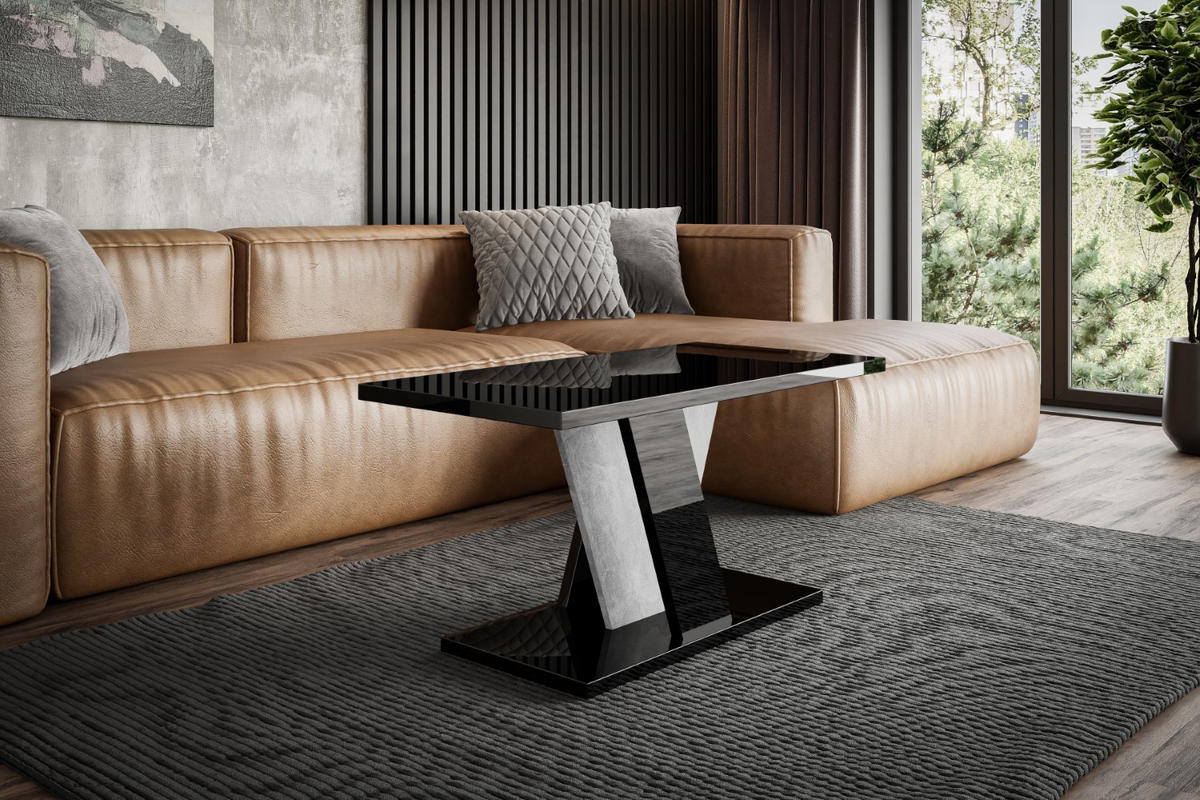 KAFFEETISCH 110x70x60 cm - Hochglanz Schwarz / Betonoptik - INEY - Schwarz Hochglanz, Holzwerkstoff (110/70/60cm) - ALTDECOR