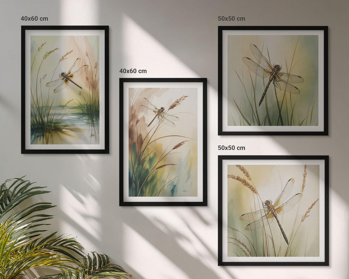 BILDER SET 4er Set - 50x50 cm & 40x60 cm Schwarzer Rahmen - Libellen im Gras, Wassermalerei - Schwarz, Kunststoff (50/50cm) - TULUP