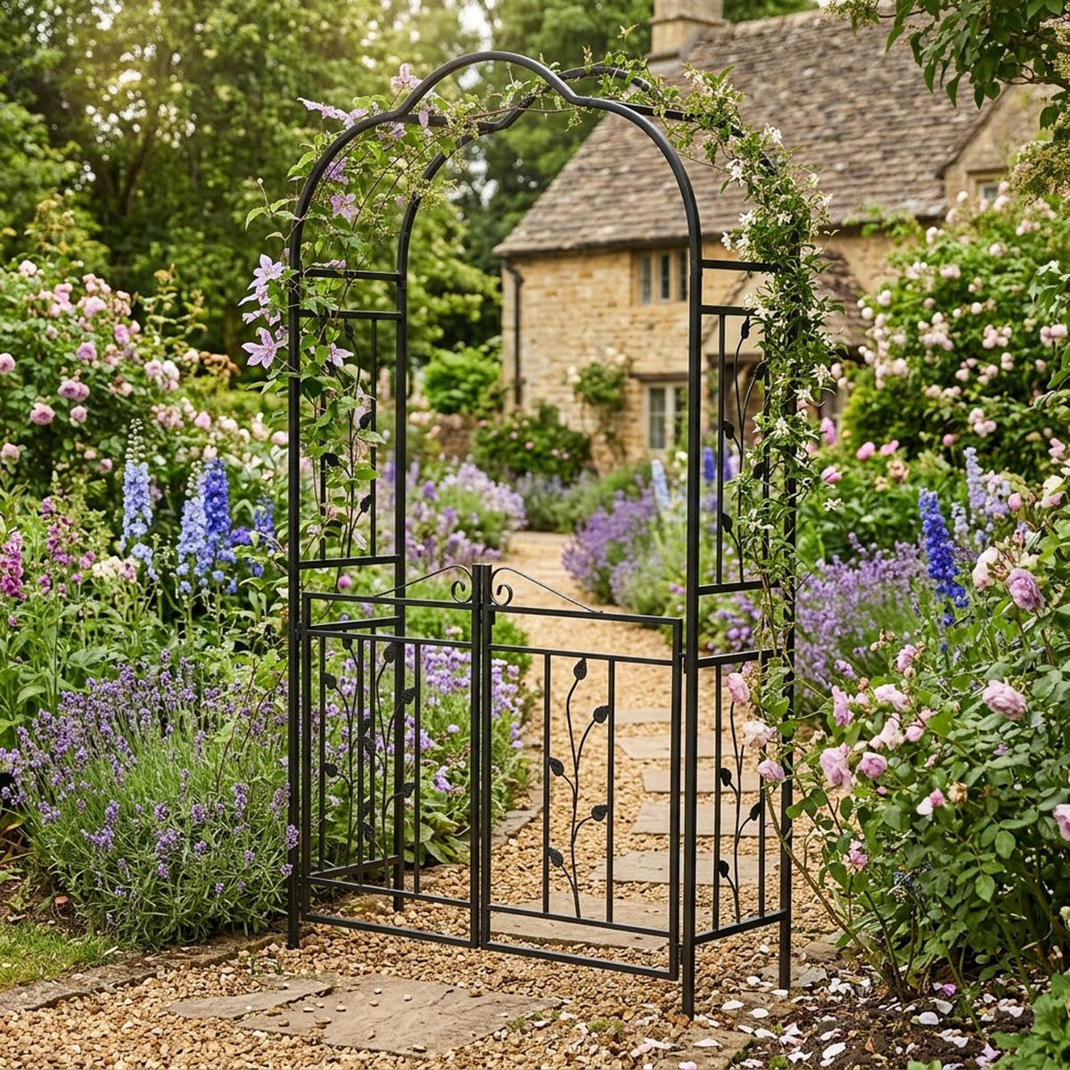 ROSENBOGEN Bury - Rankhilfe mit Oberteil und Doppel-Torpforte. Seitenteile und Tor mit Blumenverzierung. BxTxH: 120x40x220 cm - Schwarz, Metall (120/220/40cm) - TPFGarden