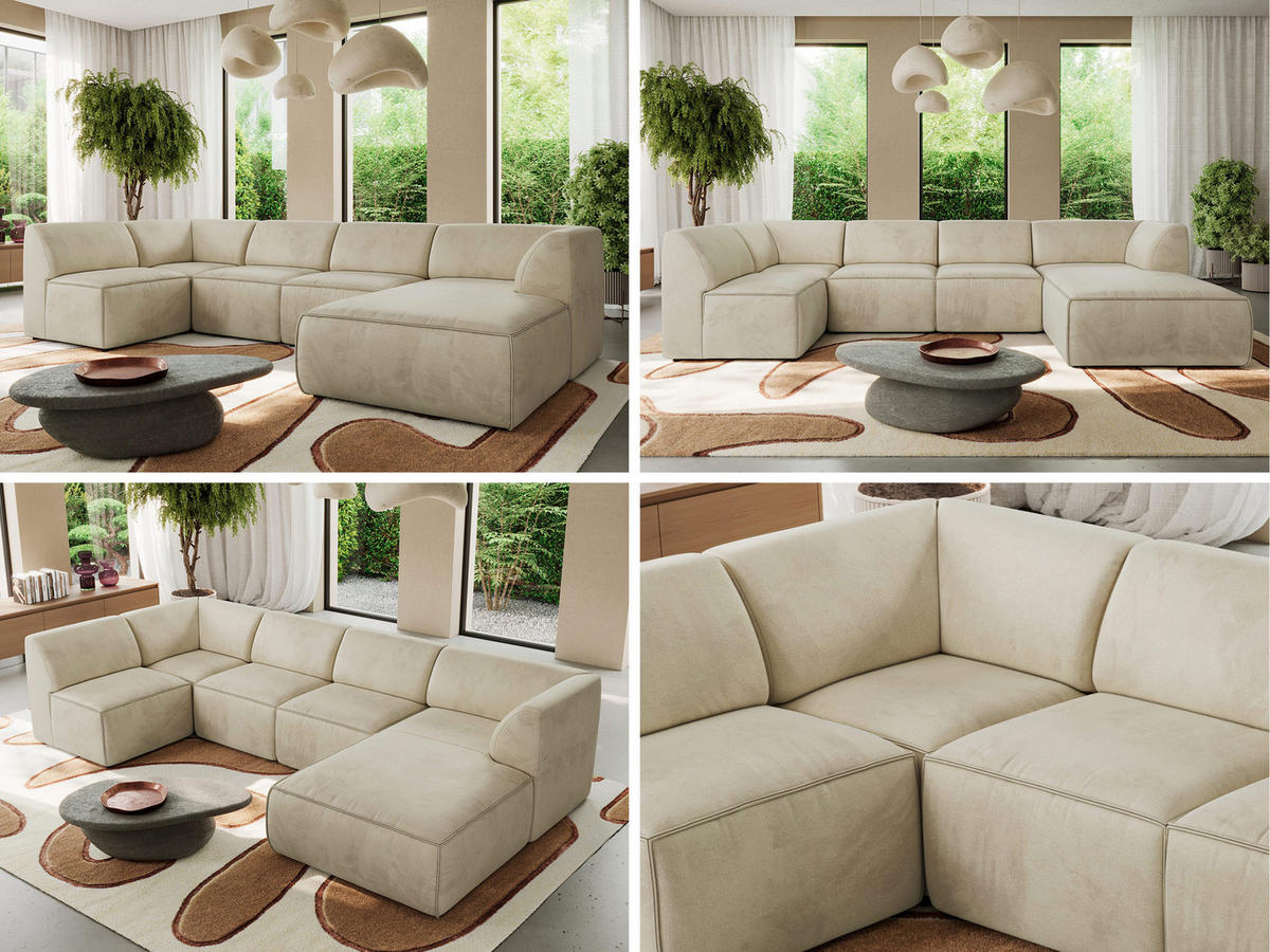 WOHNLANDSCHAFT MODARO U 5M - Beige Velvet - Rechts - Beige/Schwarz, Textil (345/78/180cm) - MKS
