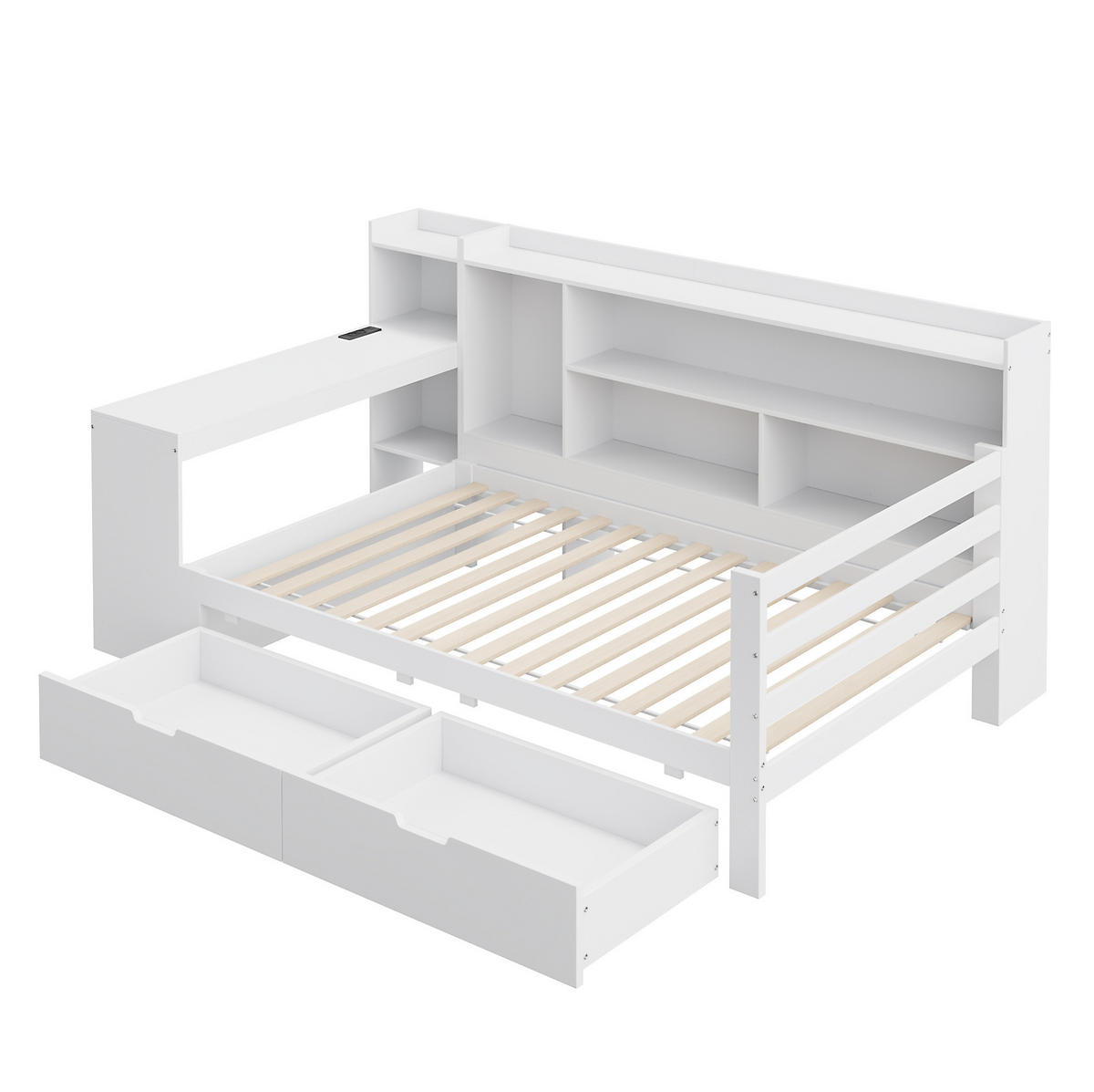 BETT 90/200 cm Weiß aus Massivholz mit Schreibtisch und Stauraum - Weiß, Holzwerkstoff (90/200cm) - Flora Grace