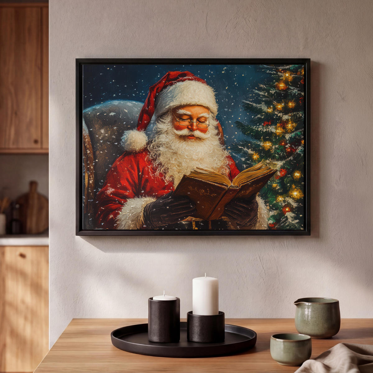 LEINWAND Bilder mit Rahmen - Weihnachtsmann - Weihnachten - Winter - Weihnachtsbaum - 40x30 - Bordeaux, Textil (40/30cm) - MuchoWow