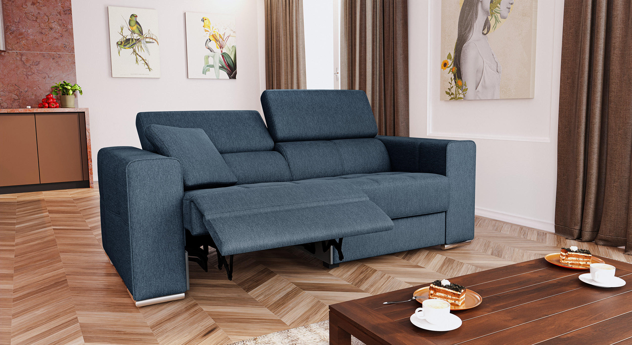 SOFA QUARTZ 3-Sitzer mit 1 Relaxfunktion, blau - Blau/Silberfarben, Holzwerkstoff/Textil (204/80/102cm) - Courtois Laville