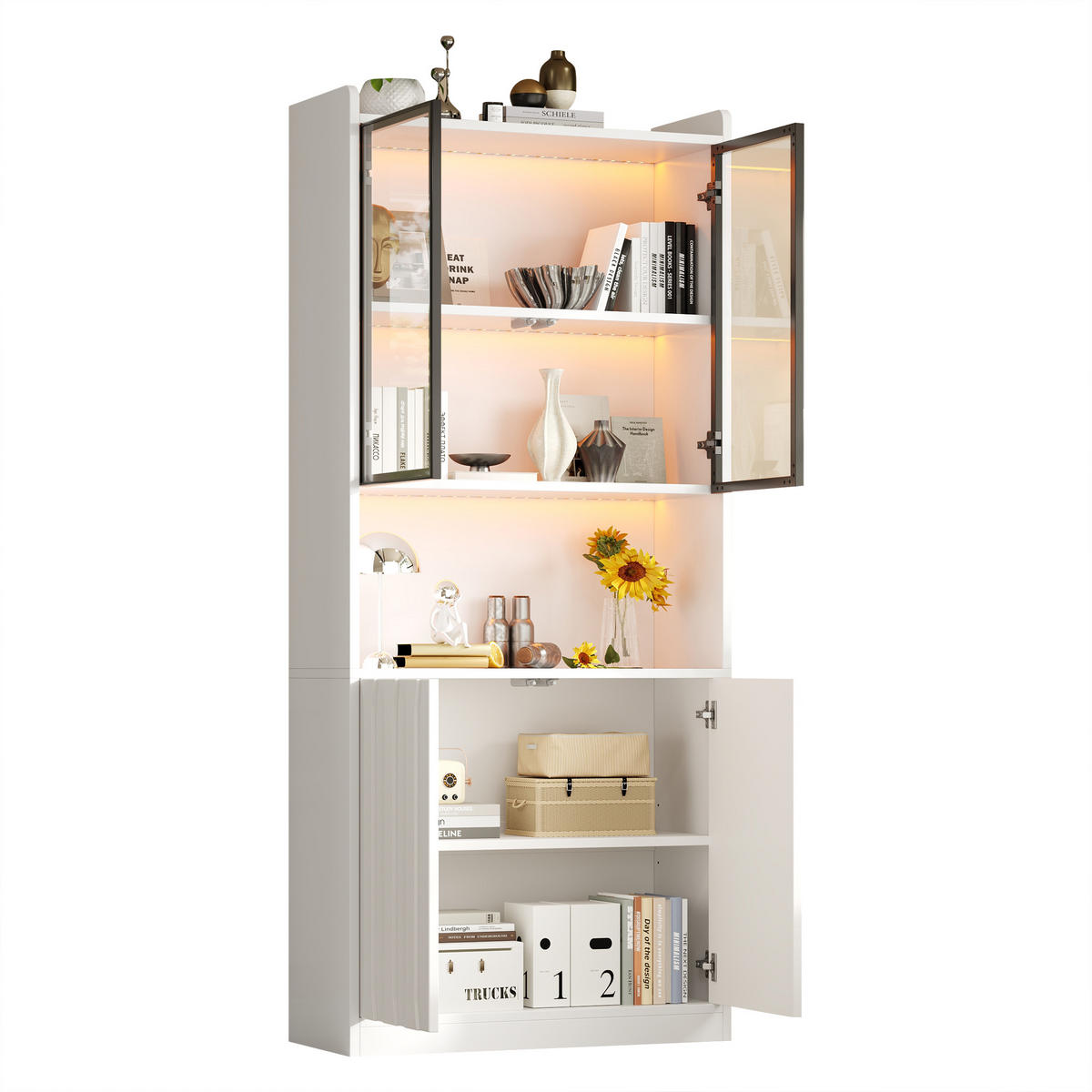 VITRINE 80x35x200 cm Weiß mit LED und Glastüren - Weiß, Holzwerkstoff (80/200/35cm) - FLIEKS