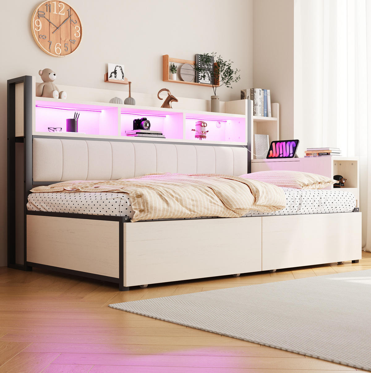 BETT 90/200 cm in Weiß mit Schreibtisch, Stauraum und Steckdosen - Weiß, Metall (90/200cm) - Flora Grace