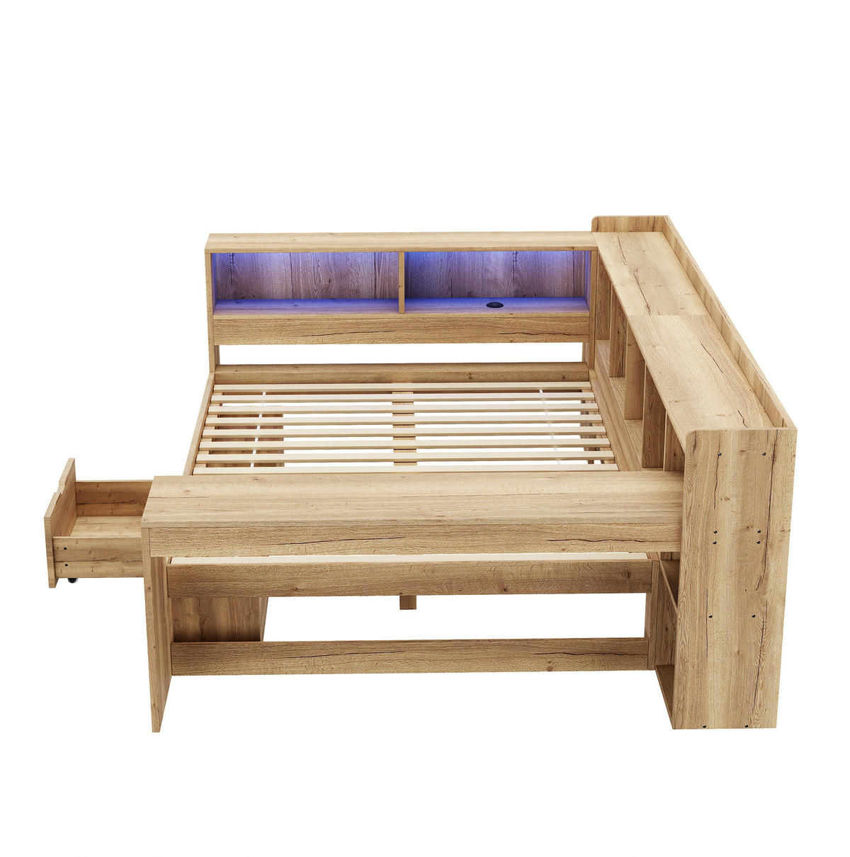 KINDERBETT Liegefläche 140/200 cm aus MDF mit LED, USB-Anschluss und Schreibtisch - Naturfarben, Holzwerkstoff (140/200cm) - BEAOK
