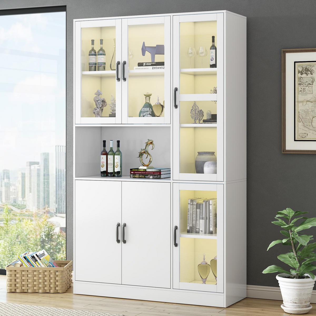 VITRINENSCHRANK aus MDF 40x120x200 cm Weiß mit LED-Beleuchtung, Acryltüren und 9 Stauräumen - Weiß, Holzwerkstoff (120/200/40cm) - Modfu