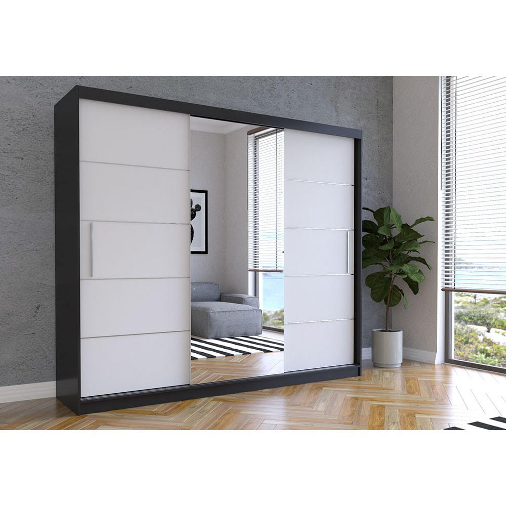 SCHWEBETÜRENSCHRANK Alba Schwarz/Weiß + Spiegel, ohne LED Beleuchtung 250 cm - Alufarben/Schwarz, Glas/Holzwerkstoff (250/218/61cm) - imoebel24