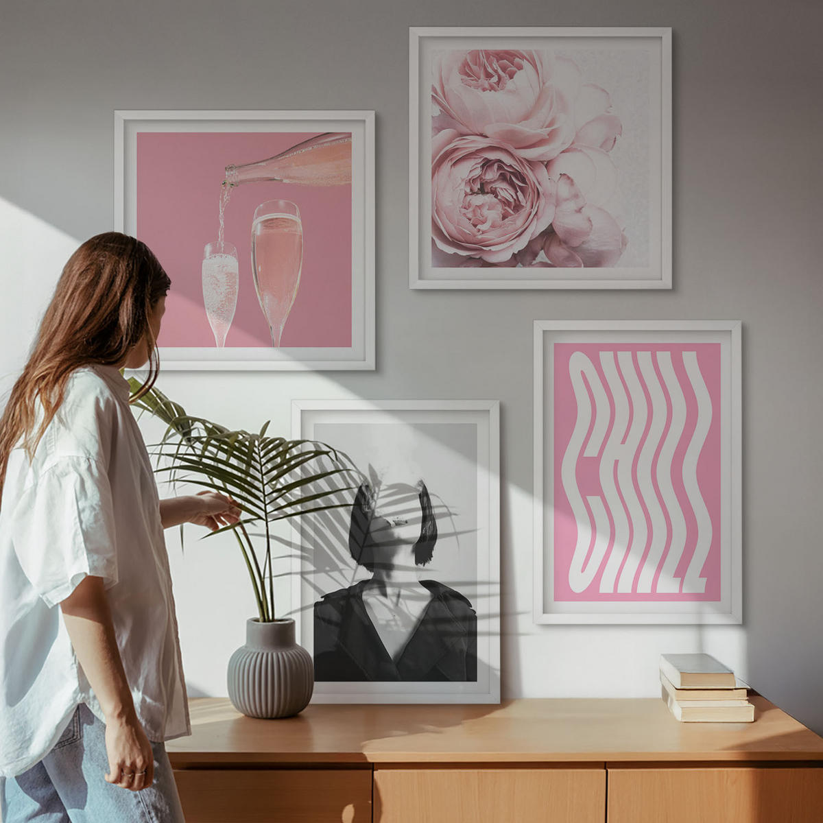 WANDBILDER 4er-Set - 50x50 cm & 40x60 cm Weißer Rahmen - Stilvolles Porträt mit Champagner - Weiß, Kunststoff (50/50cm) - ArtPrintCave