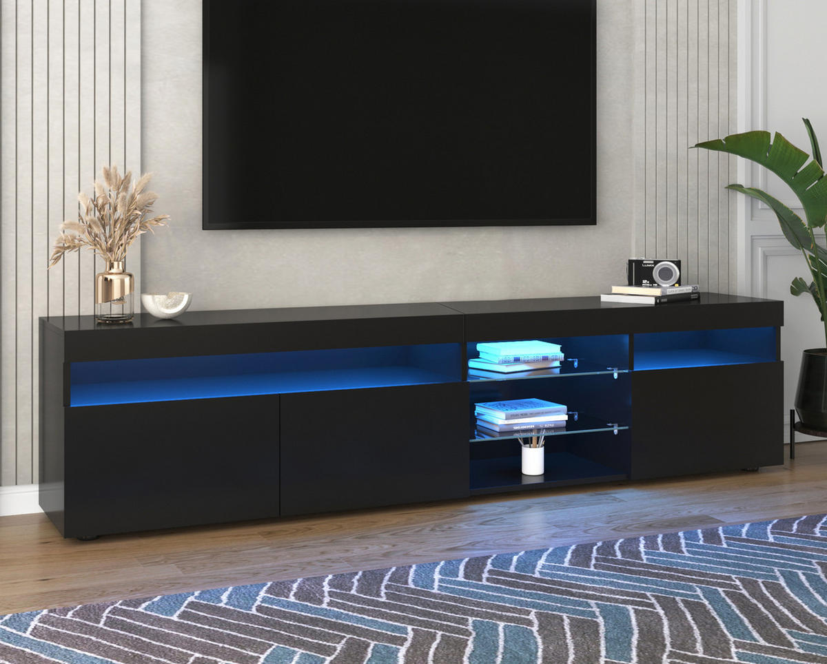TV-LOWBOARD aus MDF 180x35x48 cm Schwarz mit LED-Beleuchtung und Hochglanz-Front - Schwarz, Holzwerkstoff (180/48/35cm) - Modfu