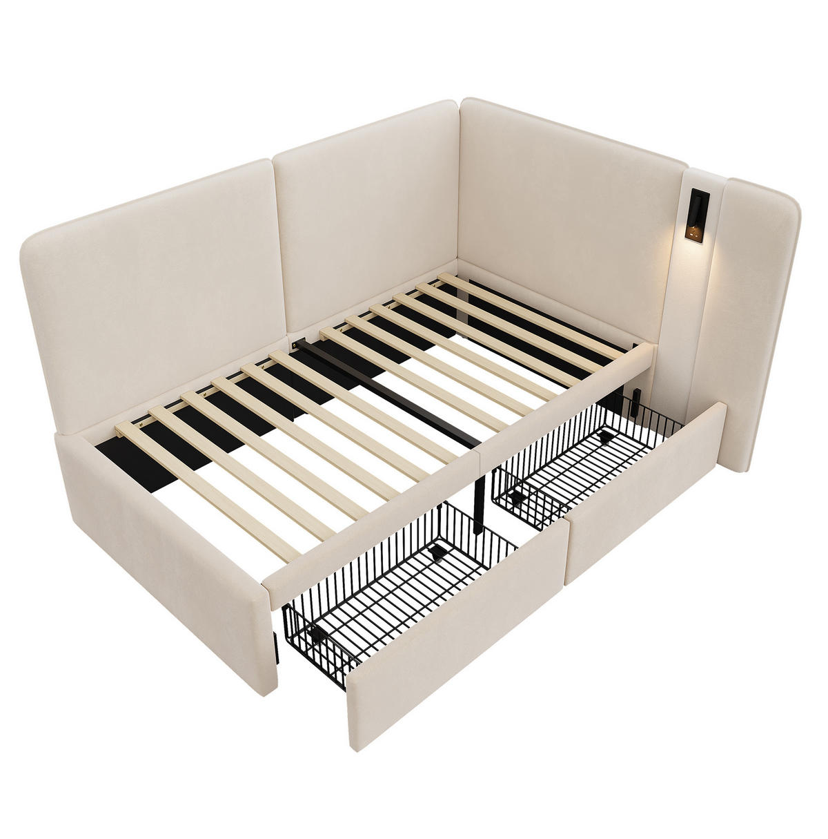 POLSTERBETT aus Samt 90x200 cm in Beige mit 2 Schubladen, USB-C & Leselampe - Beige, Textil (90/200cm) - Modfu