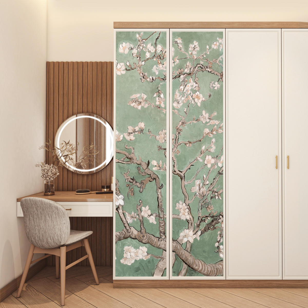 TÜRAUFKLEBER Selbstklebend - Mandelblüte - Kunst - Van Gogh - Grün 95x235 cm - Türtapete - Salbeigrün, Kunststoff (95/0.1cm) - MuchoWow