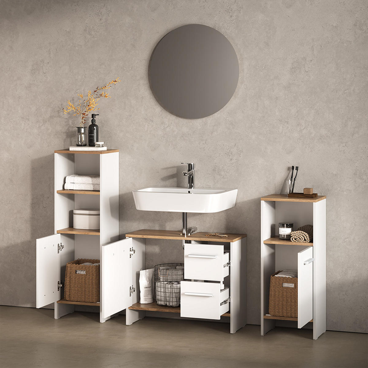 WASCHBECKENUNTERSCHRANK Amalfi Weiß/Goldkraft Eiche 70.2 x 57 cm mit 2 Schubladen und 1 Tür - Honigeiche/Weiß, Holzwerkstoff (70.2/57/27.9cm) - Livinity®
