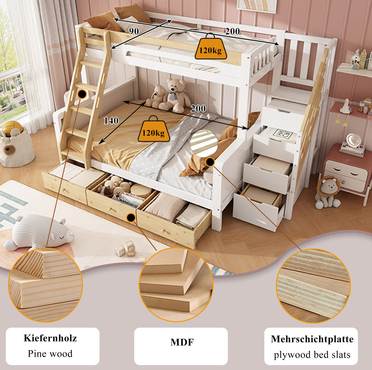 ETAGENBETT aus Massivholz 90x200/140x200 cm Weiß Natur mit Stauraumtreppe, Leiter und 3 Bettkästen - Weiß, Holz (90/200cm) - Modfu