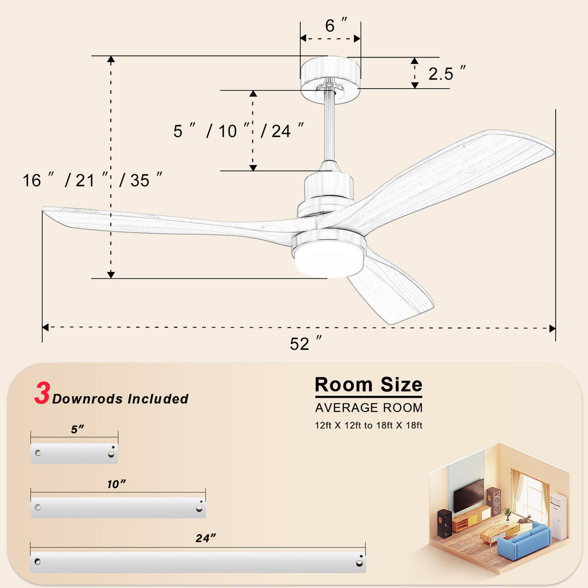 DECKENVENTILATOR 52Zoll LED Licht Holzflügel DC Motor Dimmbar - Weiß, Kunststoff (132/132/52cm) - CASIVA