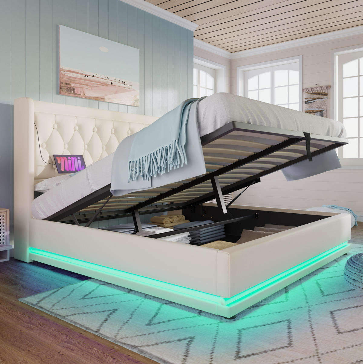 BETT mit Stauraum, LED und USB Typ-C 160x200 cm PU Weiß - Weiß, Metall (160/200cm) - Meubliv