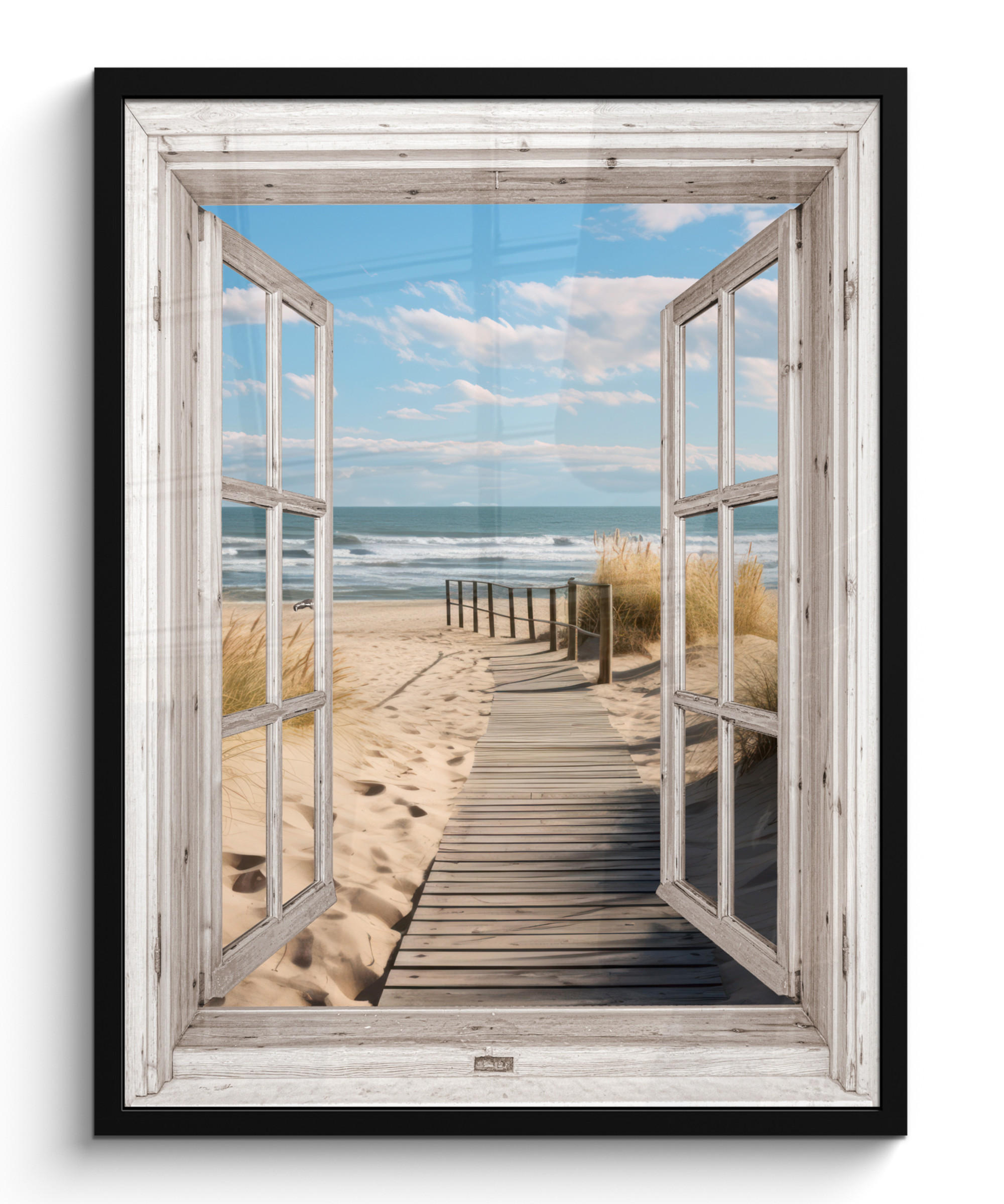 GERAHMTES BILD Fenster - Meer - Küste - Natur - Ausblick - Strand - Wattenmeer 60x80 cm - Beige, Papier (60/80cm) - MuchoWow