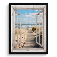 GERAHMTES BILD Fenster - Meer - Küste - Natur - Ausblick - Strand - Wattenmeer 60x80 cm - Beige, Papier (60/80cm) - MuchoWow