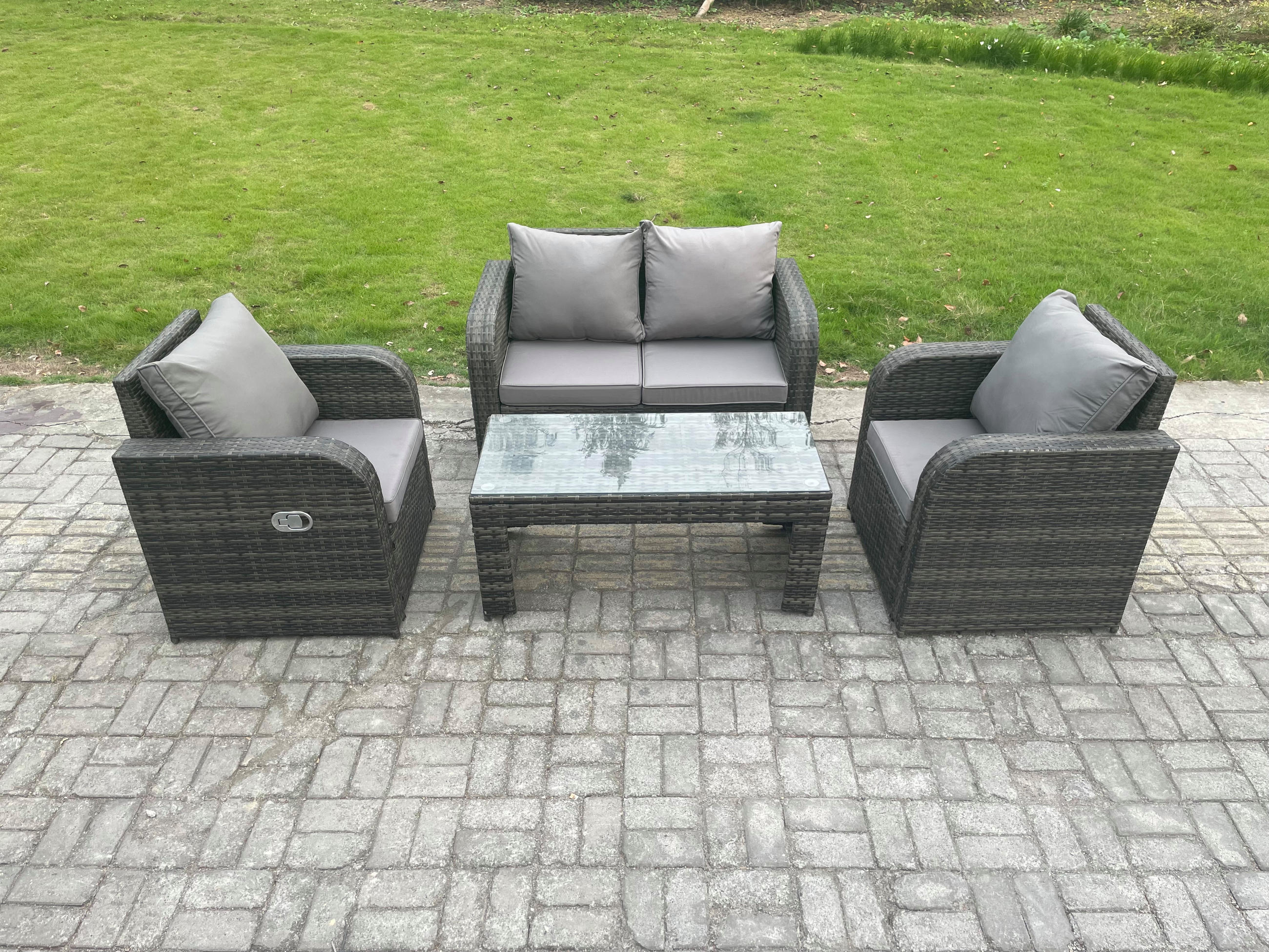 GARTENMÖBEL SET mit Sofa Polyrattan 4-Sitzer Dunkelgrau - Dunkelgrau/Grau, Glas/Kunststoff - Fimous