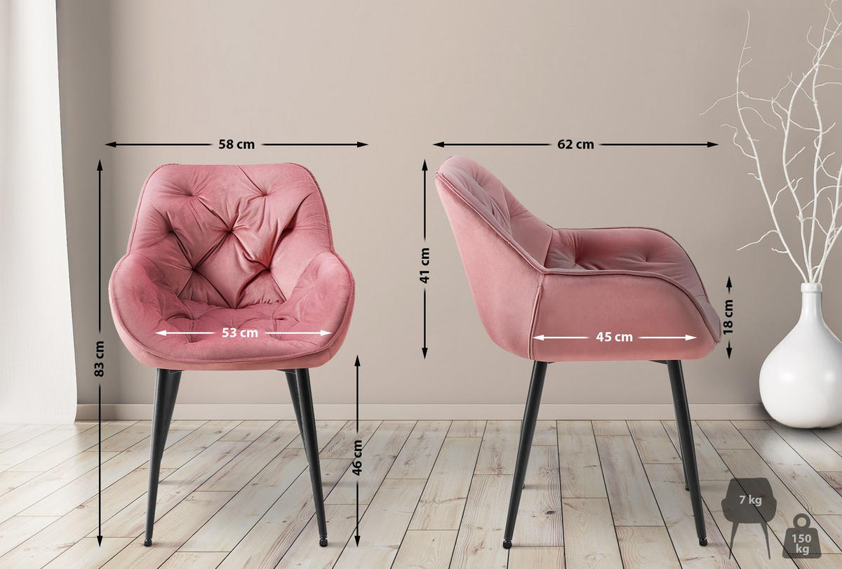 ARMLEHNENSTUHL Samt rosa - Schwarz/Rosa, Textil/Metall (58/83/62cm) - CLP