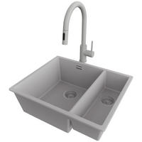 GRANITSPÜLE London Slim Duo, 2-er set Grau 56/47 cm 1,5 Becken + Küchenarmatur 40/20 cm + Ablauf-Set ab 60er Unterschrank - Grau, Kunststoff (56/20/47cm) - Primagran